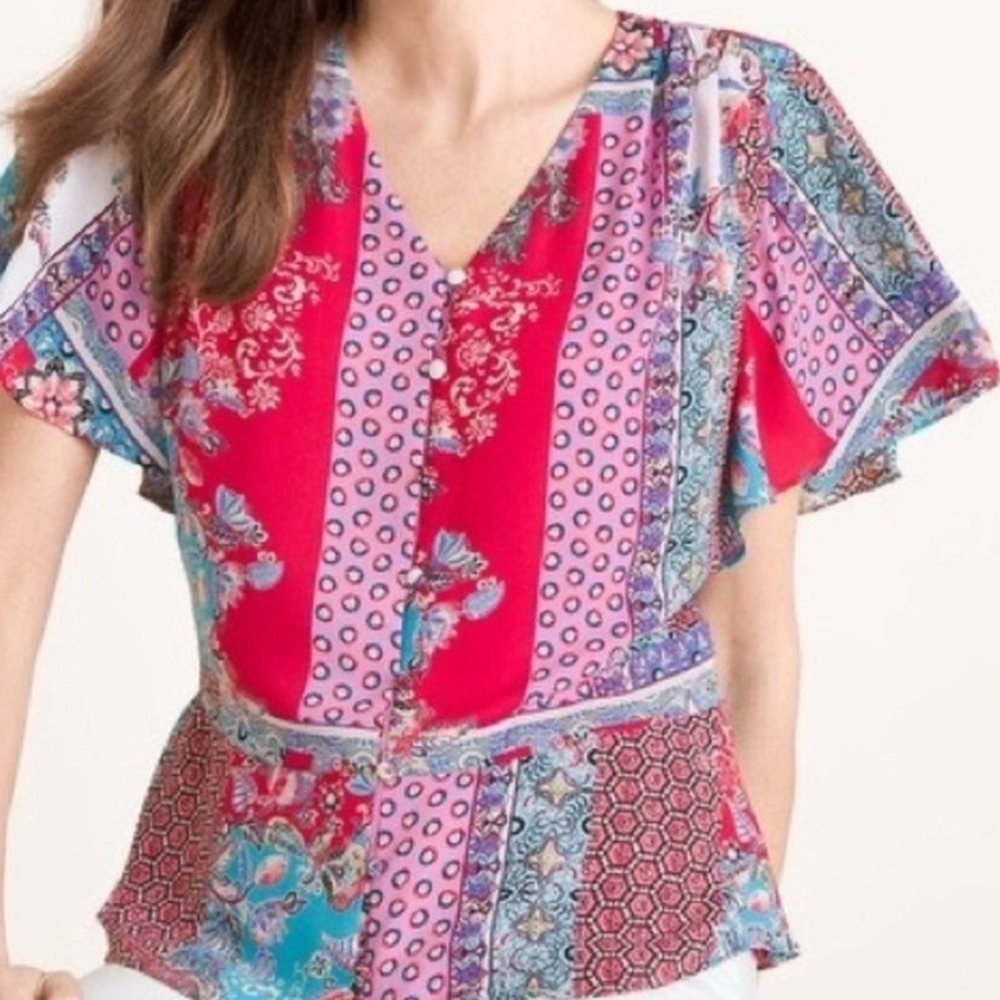 Chico's Size 3 16/18 Boho Patchwork‎ Print Flutter Sleeve V-Neck Top